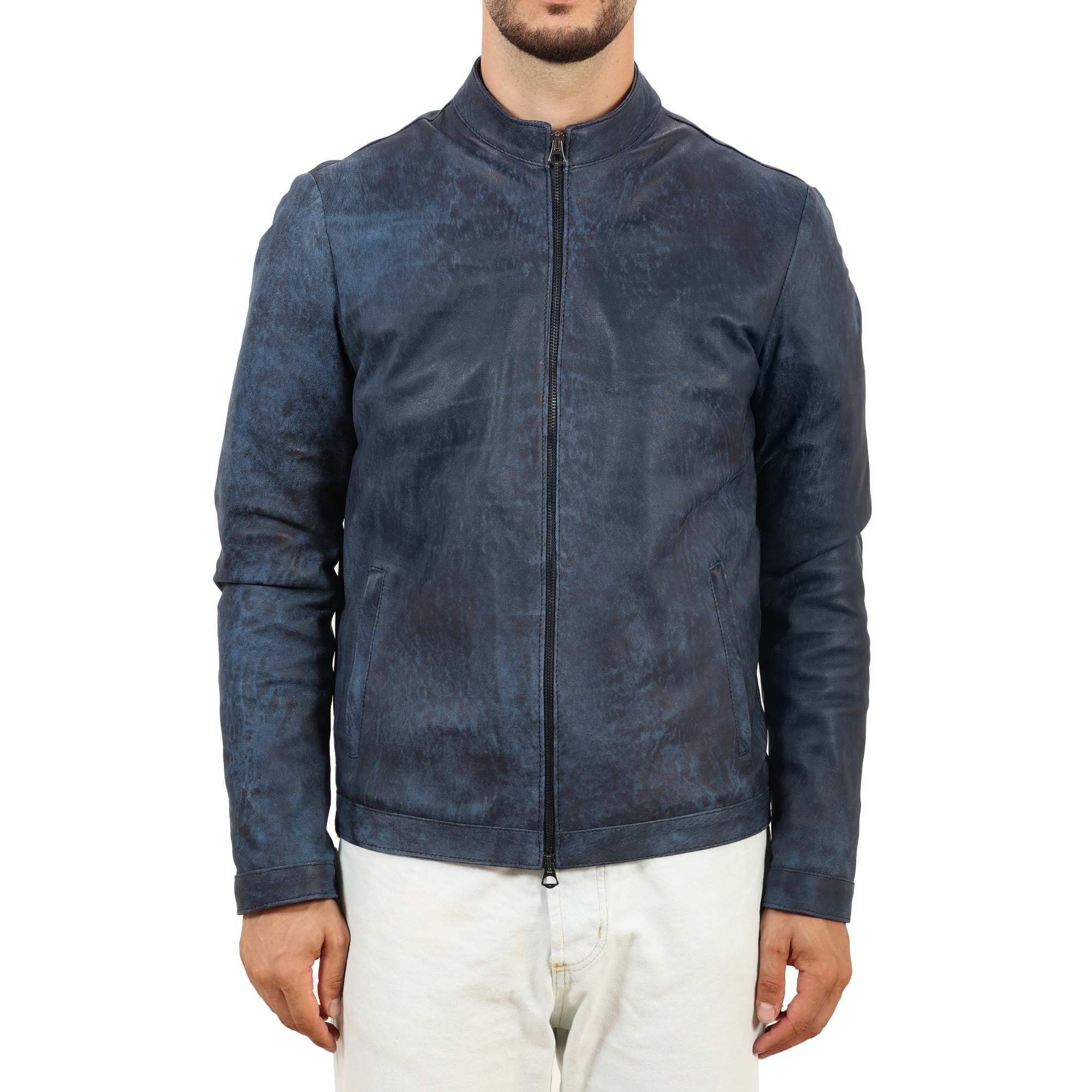 Giubbino in pelle di vitello rifinizione dakota blu jeans-Slim Fit