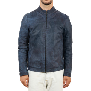 Giubbino in pelle di vitello rifinizione dakota blu jeans-Slim Fit