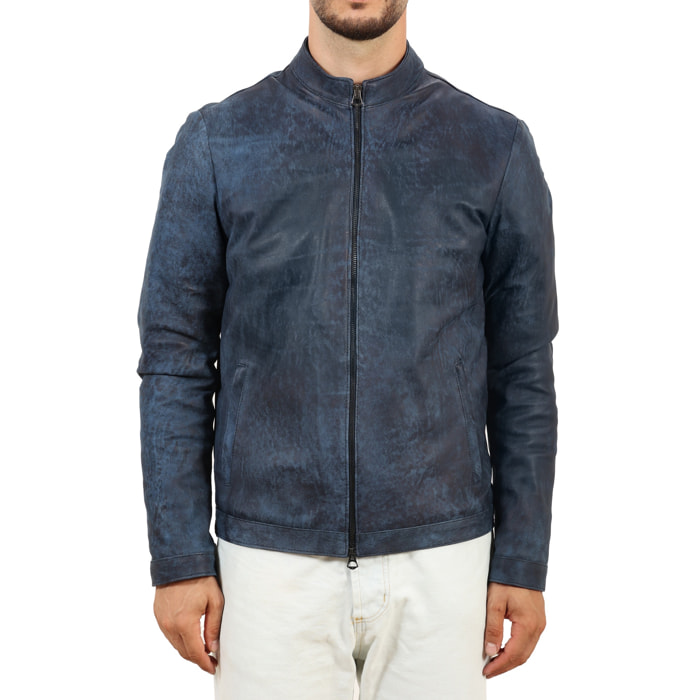Giubbino in pelle di vitello rifinizione dakota blu jeans-Slim Fit
