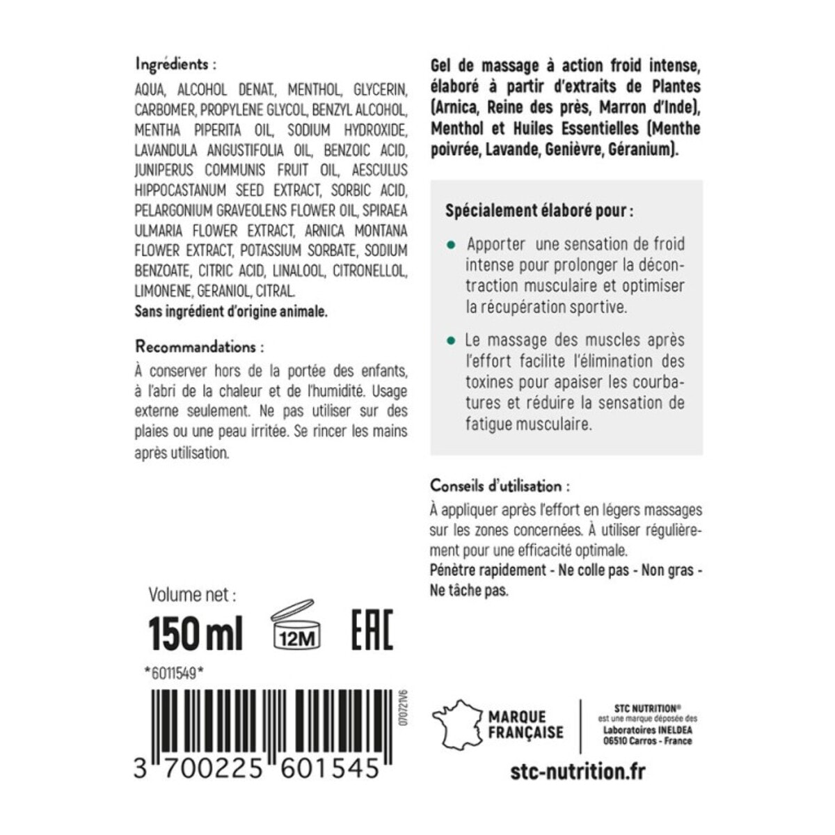 STC NUTRITION - Gel Cryo Défatigant - Apaise muscles & articulations - Arnica + huiles essentielles - Sans paraben - Flacon 150ml