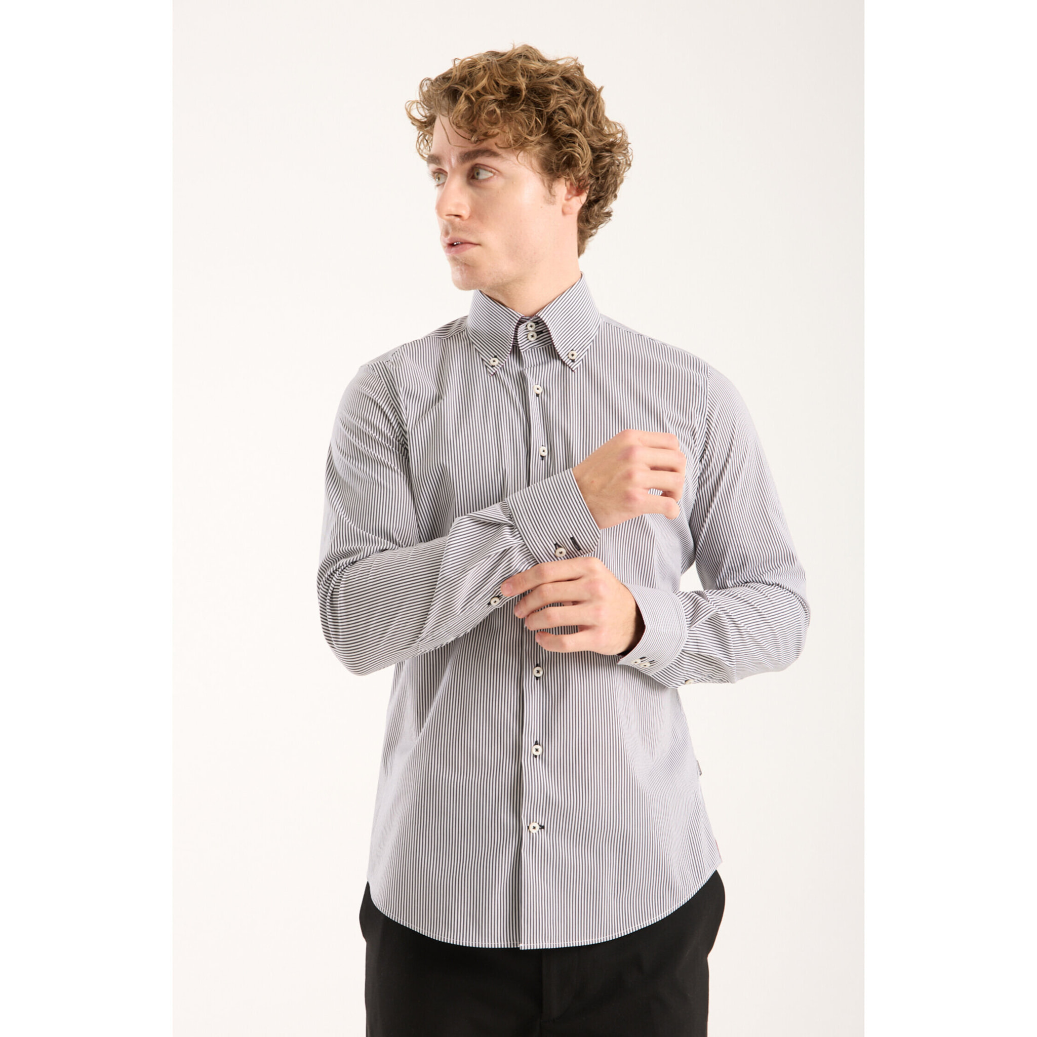 Camicia Uomo 2 Bottoni Button Down Slim Popeline Riga Media Bianco/Nero