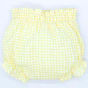 Ranita de cuadro vichy amarillo, goma en cintura y en las piernas.