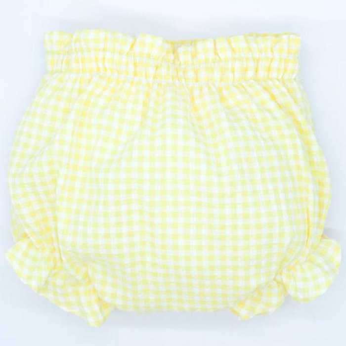 Ranita de cuadro vichy amarillo, goma en cintura y en las piernas.