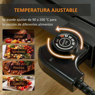 Plancha de Asar Eléctrica Cocina 1600W Aluminio con Temperatura Regulable Superficie de 40,6x25,2 cm Revestimiento Antiadherente y Bandeja de Goteo 53,5x31x8 cm Negro