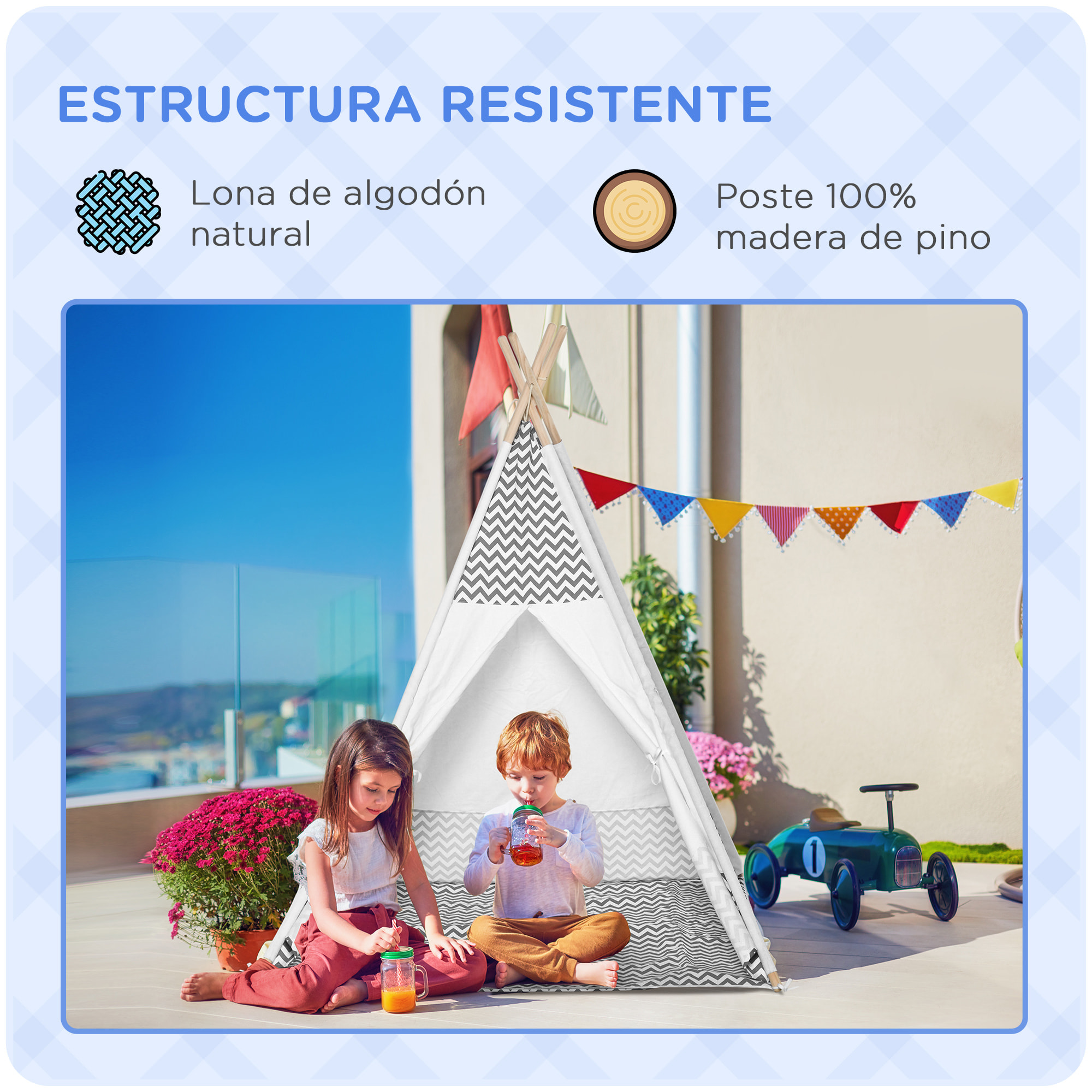 Tienda de Campaña para Niños de +3 Años Tipi Infantil de Madera Portátil con Ventana Colchoneta y Bolsa de Transporte para Interiores y Exteriores 120x120x155 cm Gris