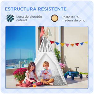 Tienda de Campaña para Niños de +3 Años Tipi Infantil de Madera Portátil con Ventana Colchoneta y Bolsa de Transporte para Interiores y Exteriores 120x120x155 cm Gris