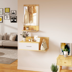 Conjunto de Recibidor de Entrada de Pared con Espejo, Cajón y 2 Estantes Abiertos, Muebles Recibidor para Pasillo, Madera Natural