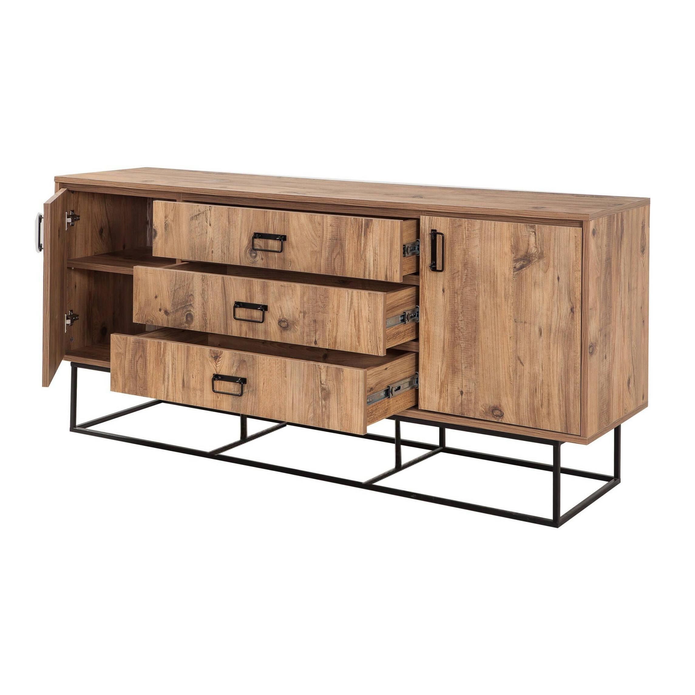 Credenza Dgramign, Buffet da soggiorno, Madia da salotto, Dispensa da cucina, 180x45h80 cm, Quercia e Nero