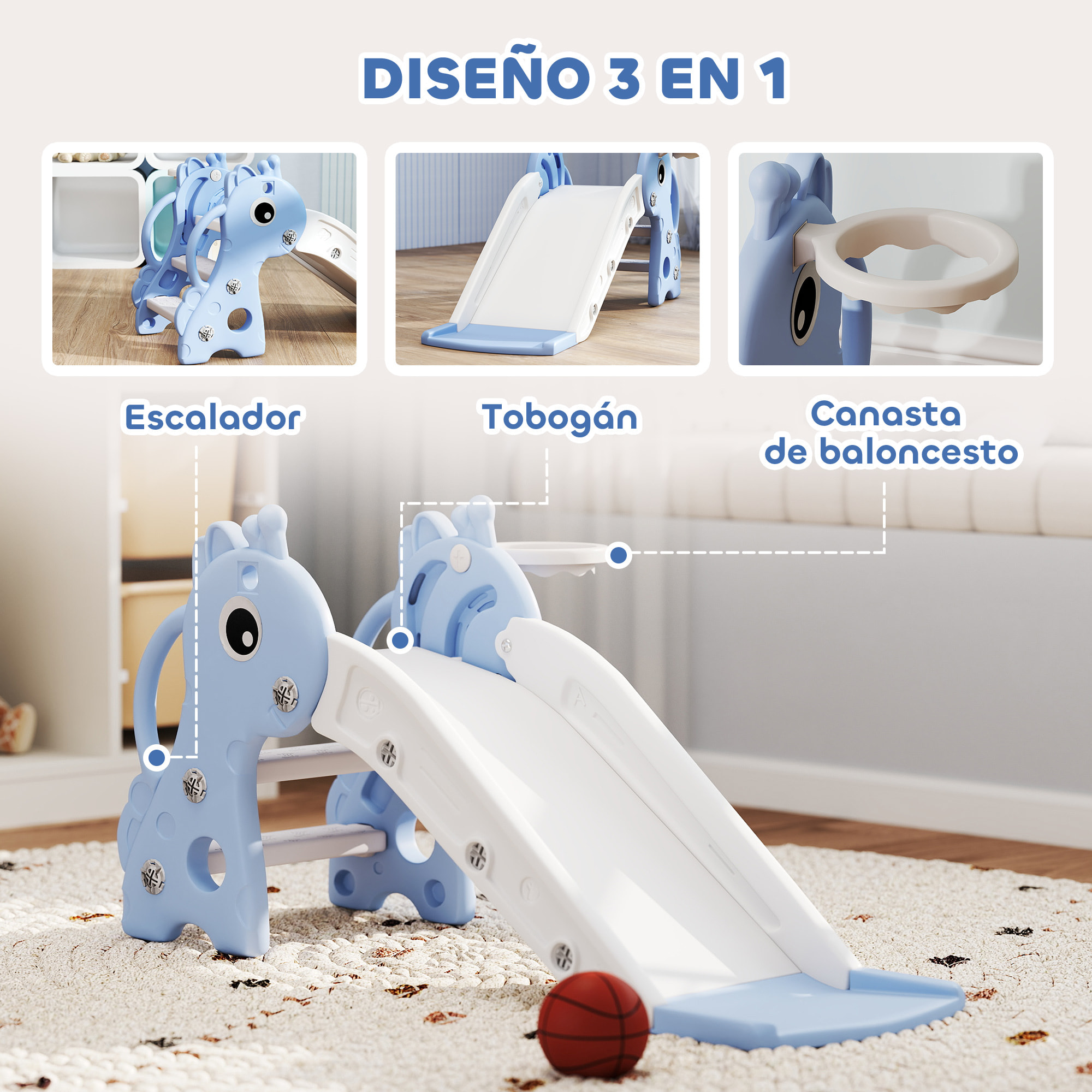 Tobogán Infantil 3 en 1 Tobogán para Niños de 1 a 3 Años con Escalera Canasta de Baloncesto y Diseño de Jirafa para Interior 106x51,5x52 cm Azul