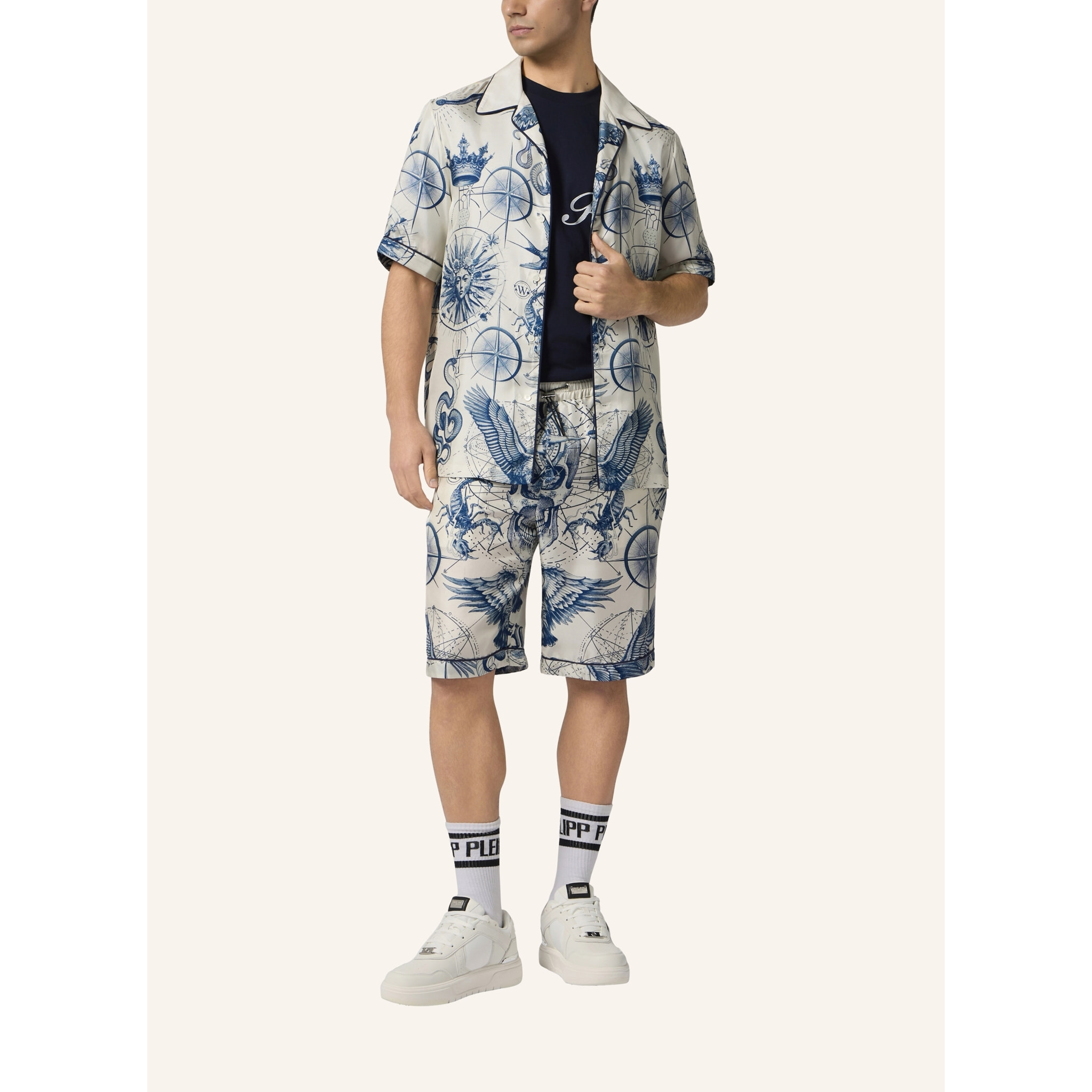 PHILIPP PLEIN Silk Bowling Shirt All-Over Tattoo