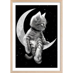 Affiche enfant chat rêveur  Affiche + cadre en bois - Chêne