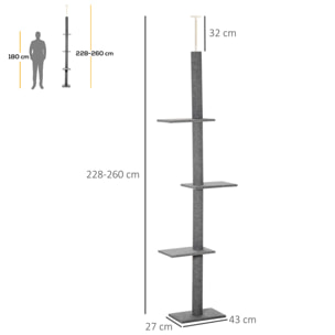 Arbre à chat poteau à griffer hauteur réglable dim. 43L x 27I x 228-260H cm 4 niveaux d'activités gris clair