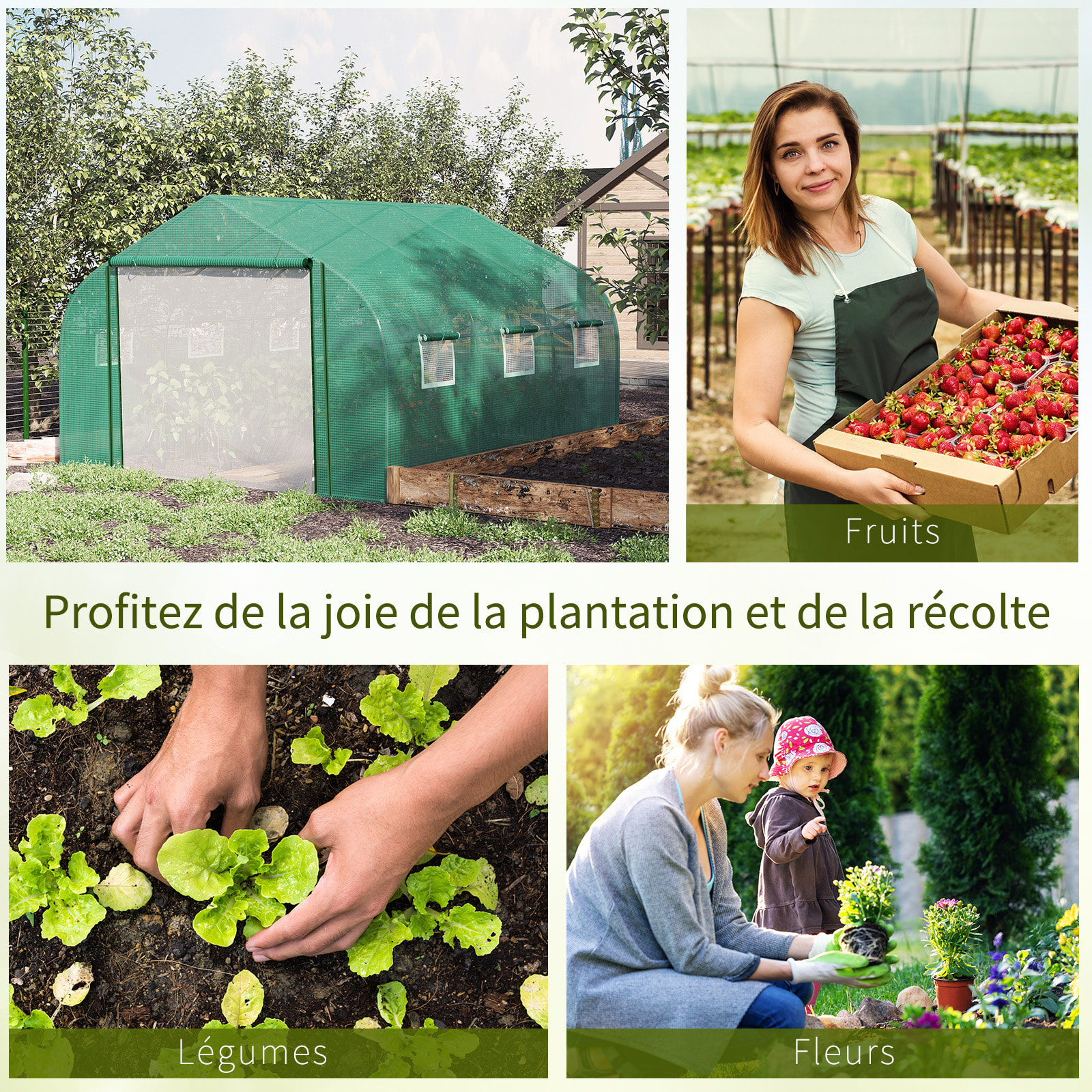 Serre tunnel de jardin grande taille dim. 3,47L x 3l x 2H m - 6 fenêtres et porte zippée enroulable - acier galvanisé PE haute densité vert