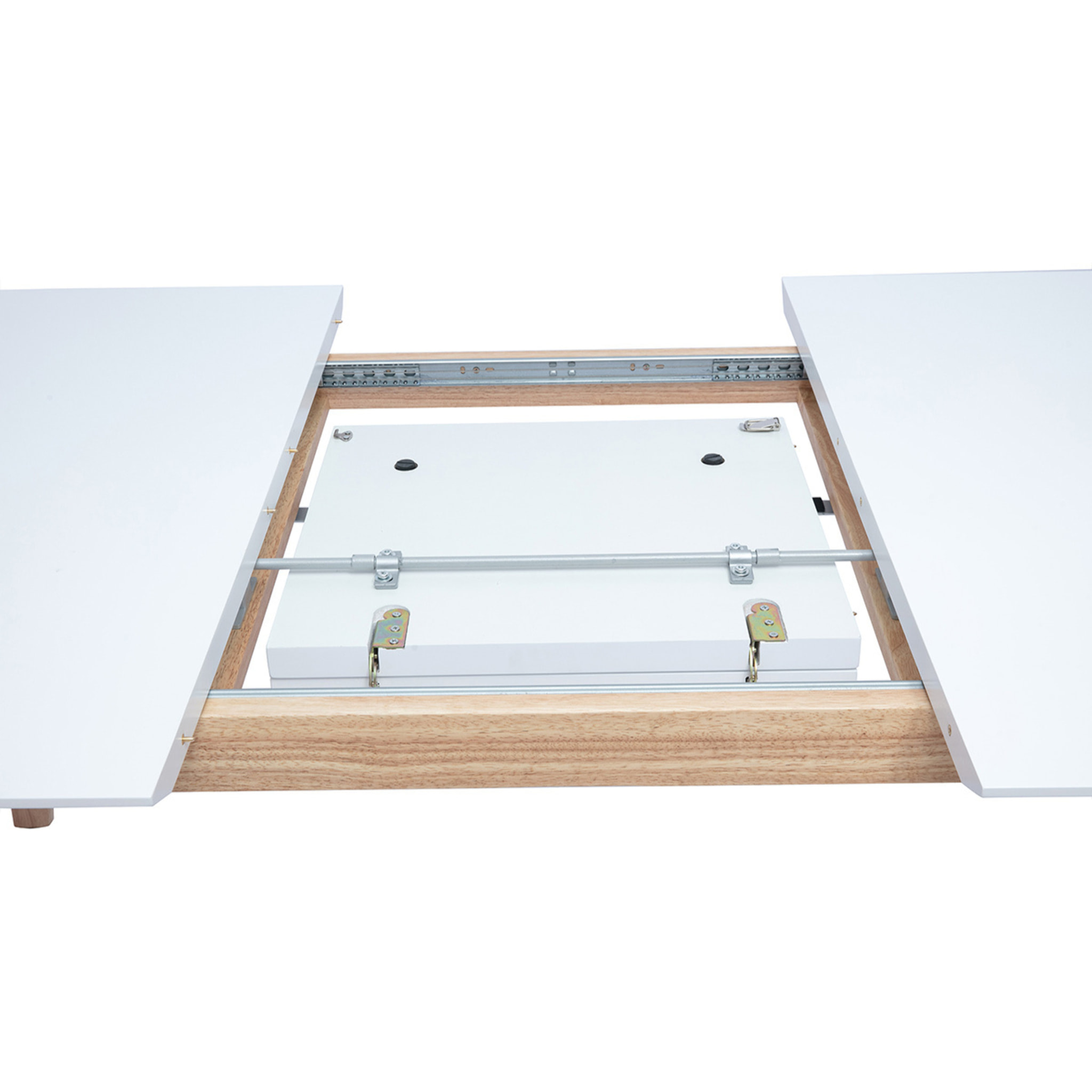 Table extensible rallonges intégrées rectangulaire finition bois blanc et hévéa massif L180-230 cm FIFTIES