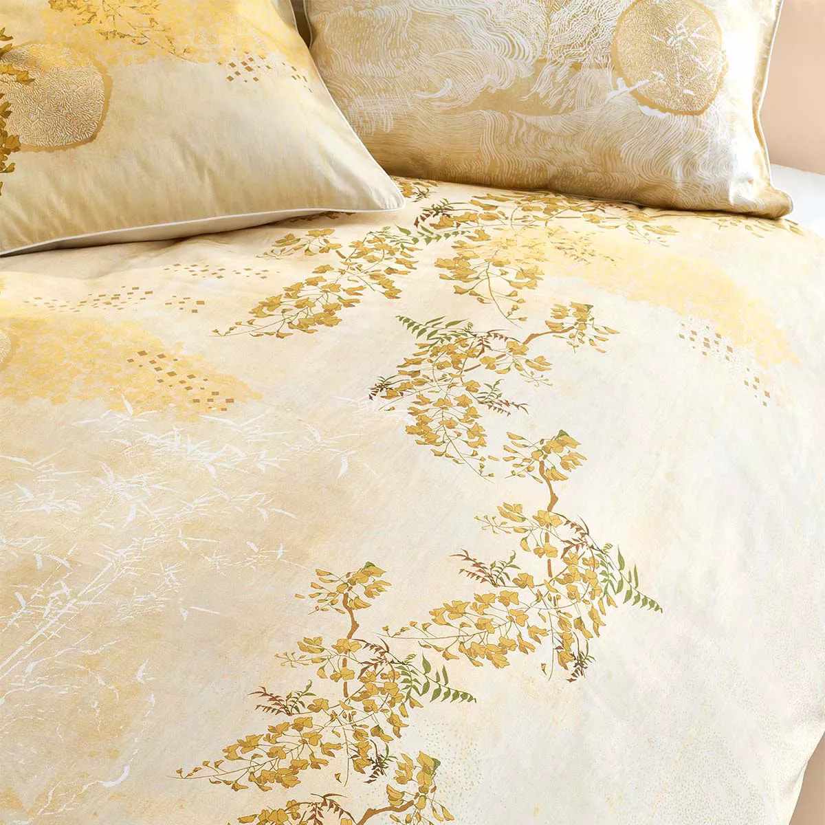 Housse de couette satin de coton imprimé jaune or Soleil d'or dore