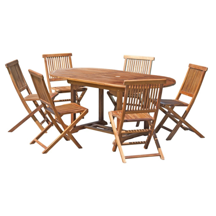 MAEVA - SALON DE JARDIN EN BOIS TECK HUILE 4/6 pers : Ensemble de jardin -1 Table ovale extensible 120*180/90 cm et 6 chaises