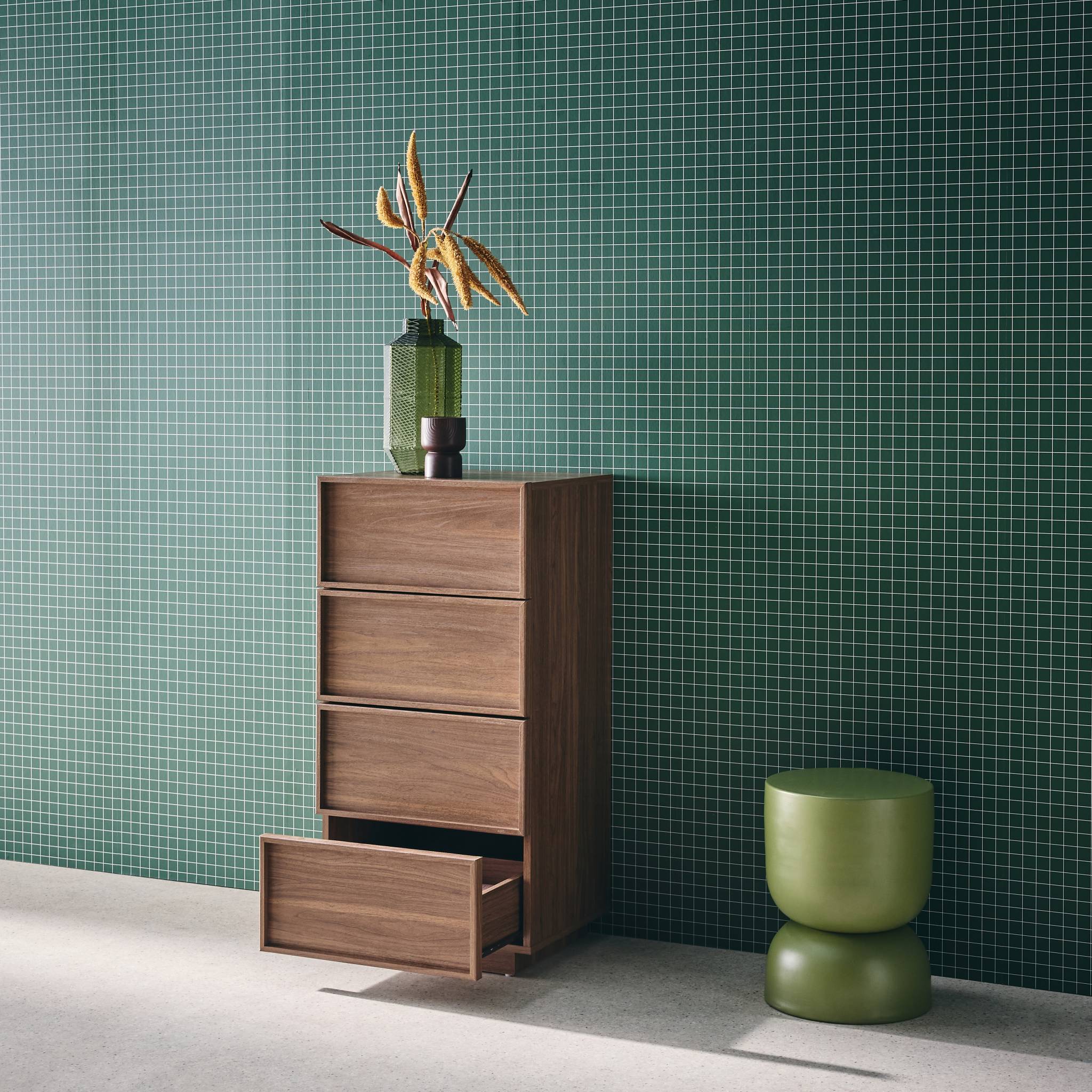 Commode chiffonnier noyer 4 tiroirs effet bois - L 48 x P 43 x H 98.5cm - Kuba