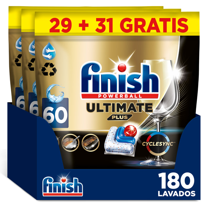 Finish Powerball Ultimate Plus, 180 Pastillas para el Lavavajillas, Limpieza y Brillo Intensivos (Formato 3x60 Uds)