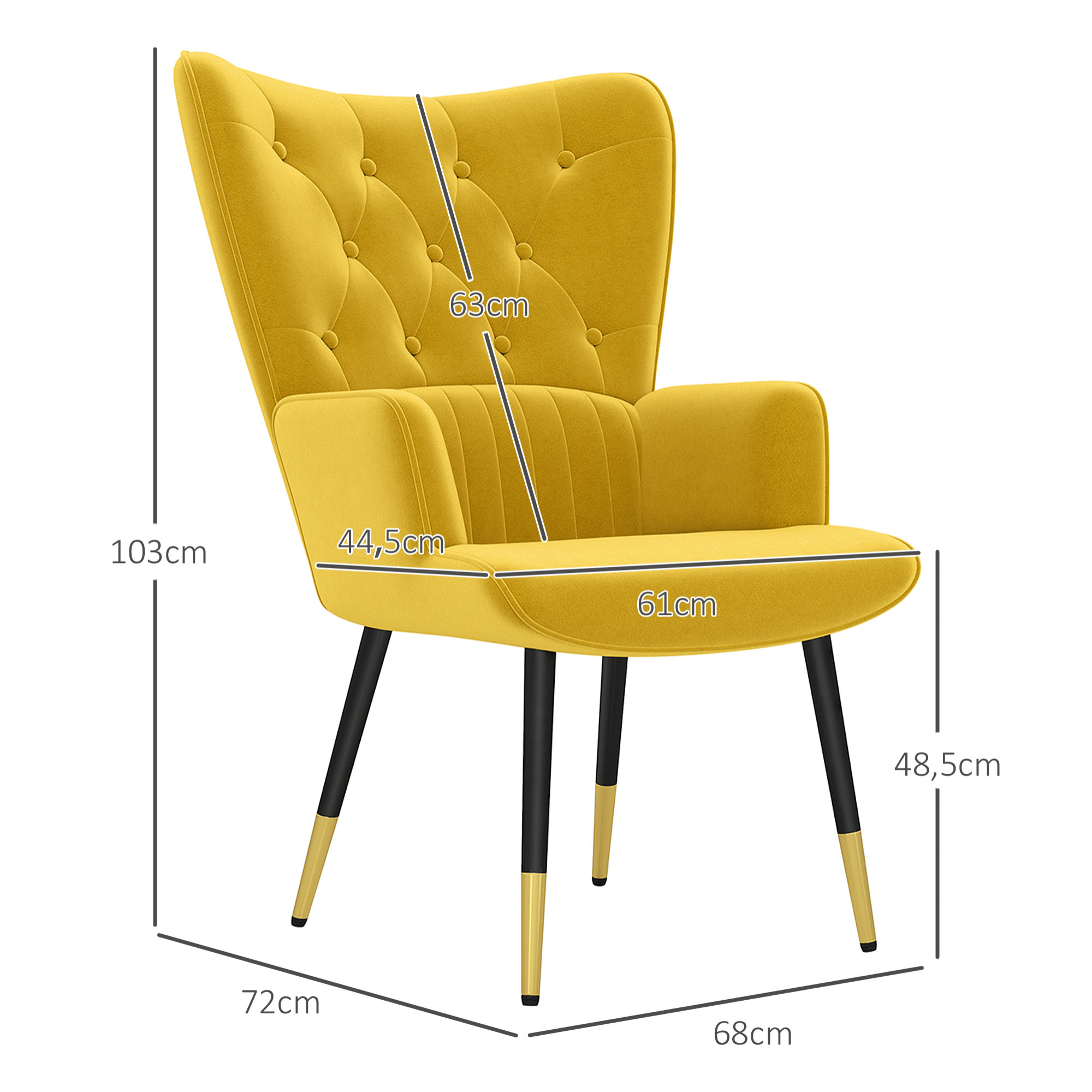 Sillón Individual Butaca de Dormitorio Butaca de Salón Tapizado en Terciopelo con Respaldo Alto Reposabrazos y Patas de Acero Estilo Moderno 68x72x103 cm Amarillo