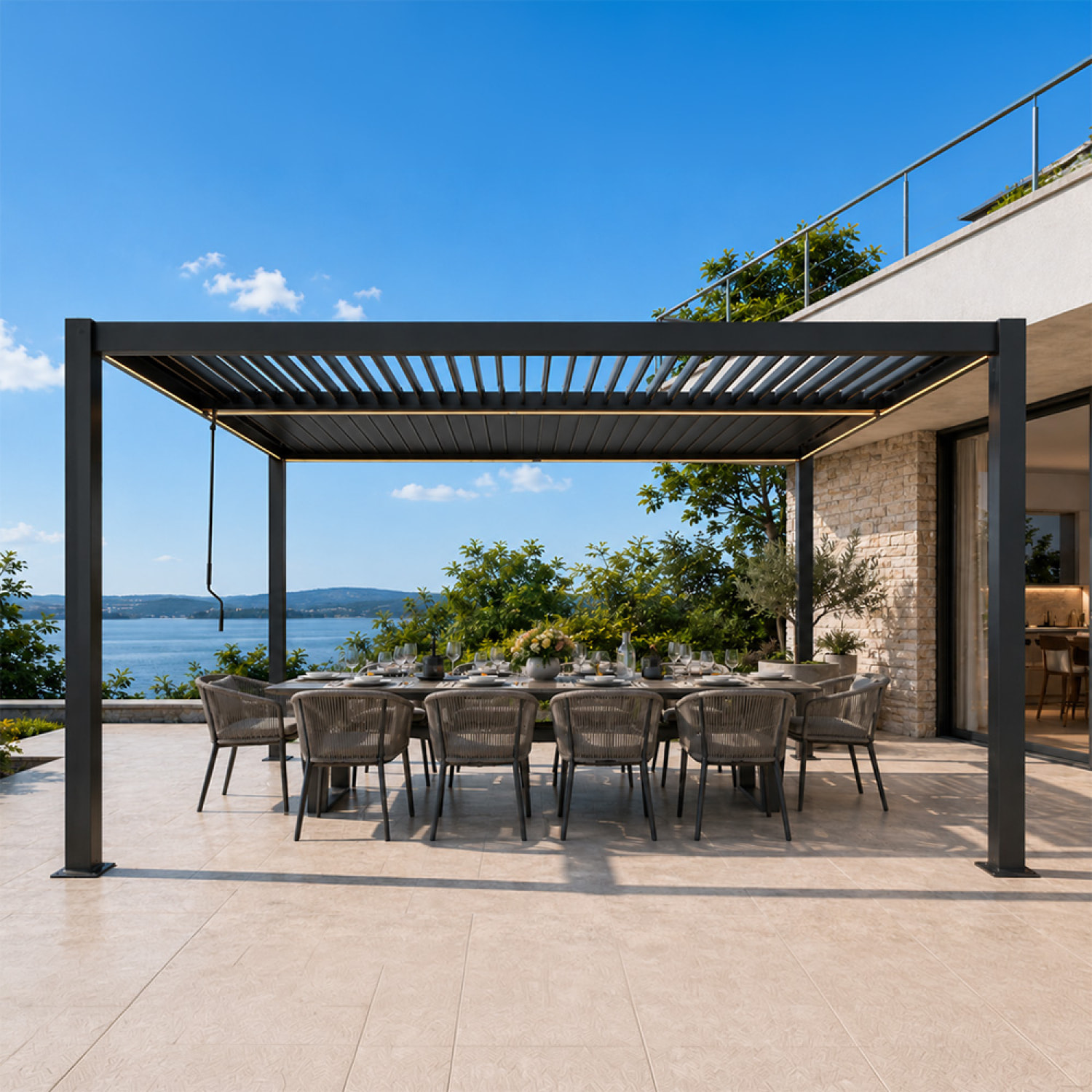 Pergola bioclimatique à LED 4x3m structure aluminium lames orientables MILL
