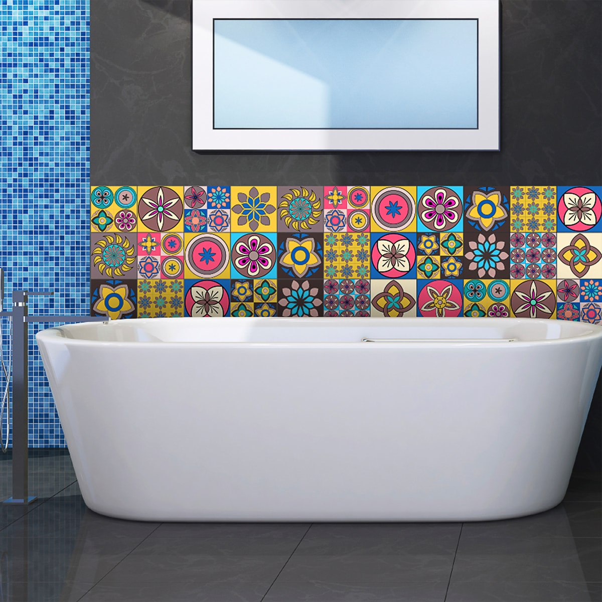 Stickers muraux - Sticker Mural Carrelage adhésif Cuisine Salle de Bain - 16 STICKERS CARRELAGES AZULEJOS ORNEMENTS CONTEMPORAIN