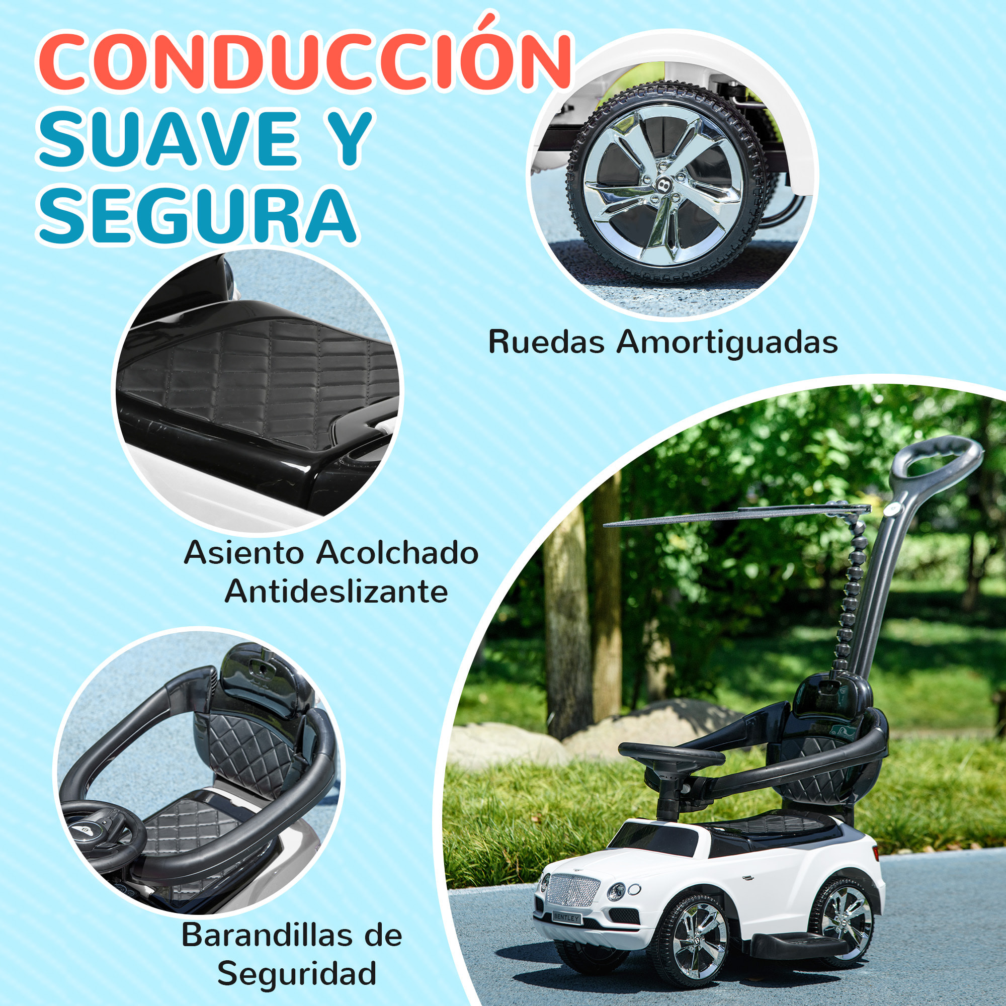 Coche Correpasillos 3 en 1 Correpasillos con Licencia Bentley Bentayga Correpasillos para Bebés de 12-36 Meses con Asa de Empuje y Toldo Desmontables Música Bocina Blanco