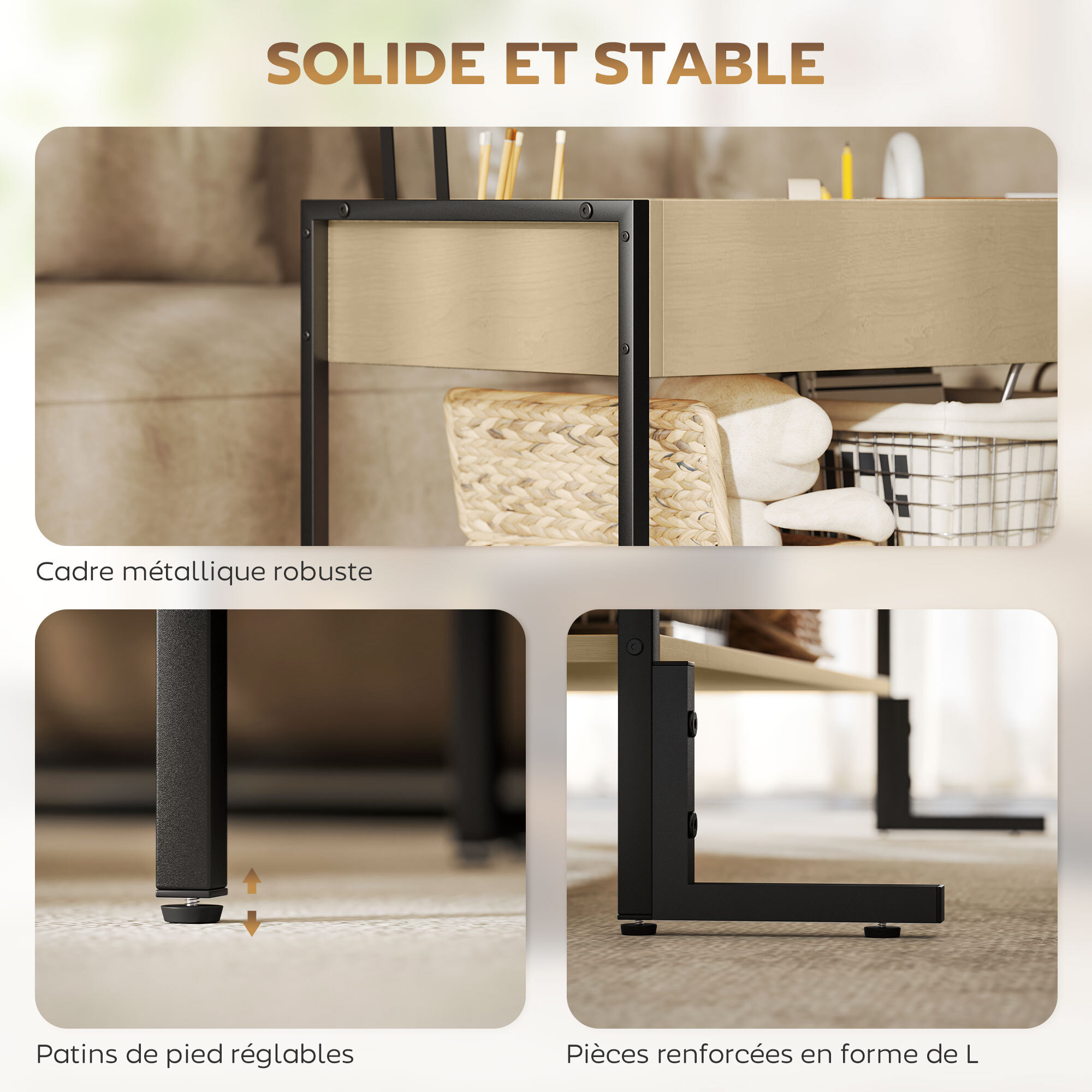 Table basse relevable style industriel - étagère - plateau relevable H.46-59 cm - métal noir effet bois clair
