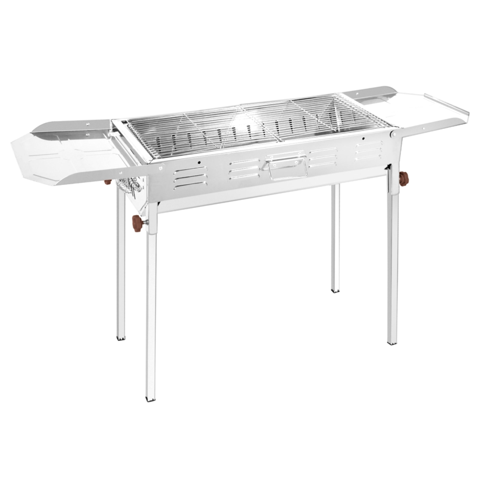 Barbacoa de carbón de acero inoxidable con dos soportes y altura regulable.