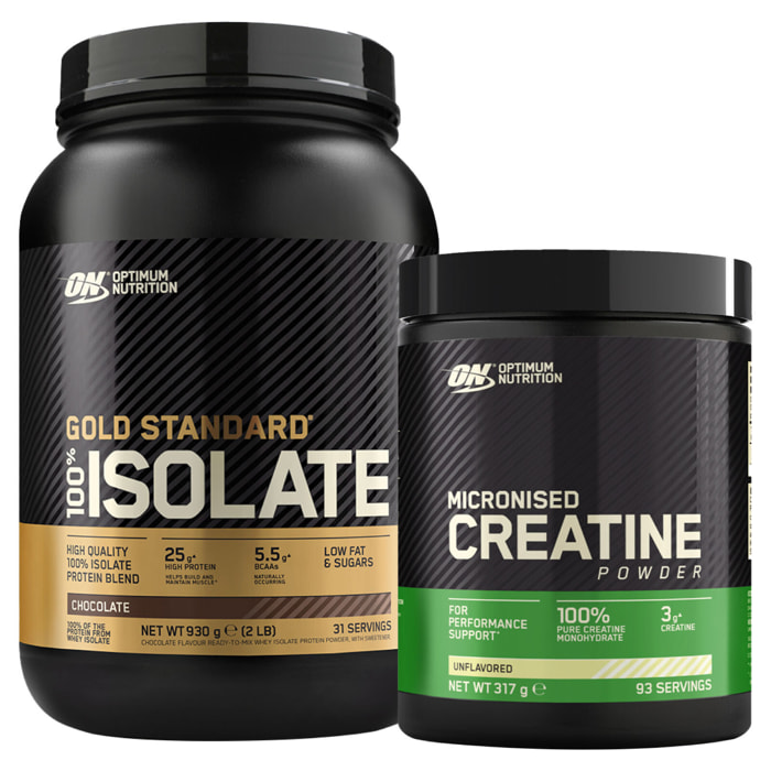 100% Gold Standard Isolate Proteine Whey con BCAA Cioccolato 930g 31 Porzioni + Micronised Creatine Monohydrate per la Performance Non Aromatizzato 317g 93 Porzioni