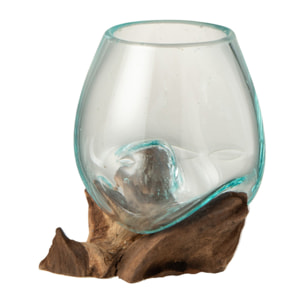 J-Line vase Sur Pied Gamal - bois/verre recyclé - naturel/transparent - medium - Ø 10 cm