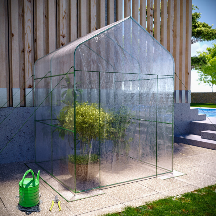 Serra Da Giardino Per Orto Senza Ripiani Telaio In Metallo Casetta In Acciaio Telo Trasparente PVC Porta Avvolgibile Apertura Cerniera 143x143x195 Cm