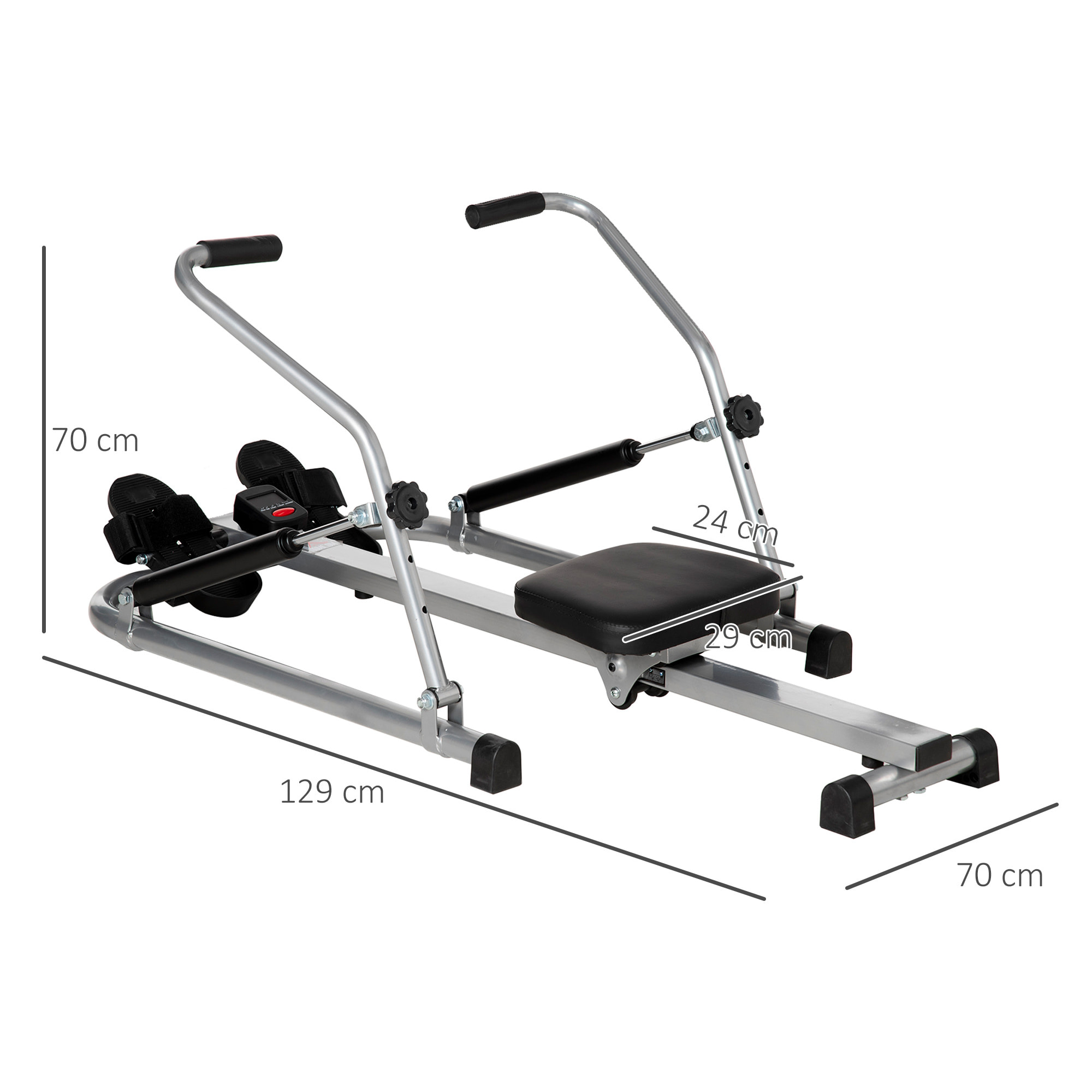 Máquina de Remo Hidráulico Plegable con 4 Niveles de Resistencia Monitor Digital y Pedal Antideslizante para Fitness en Casa Acero 129x70x70 cm Negro y Plata