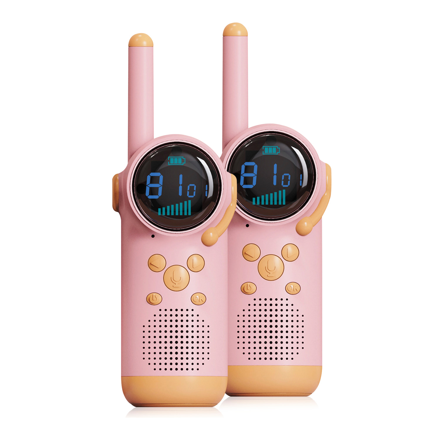 DAM Walkie Talkies infantiles D22, 1-3 km, pantalla a color, 99 códigos de grupo encriptados, luz LED. 2 unidades. Batería recargable. 4,5x4,5x14,3 Cm. Color: Rosa