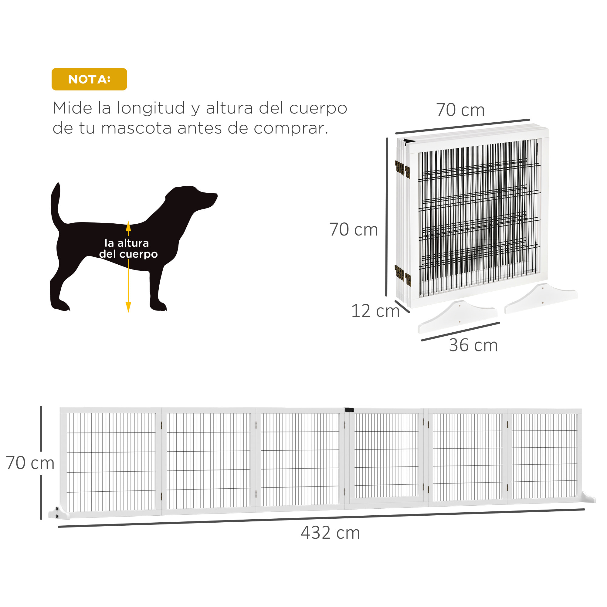 Barrera de Seguridad para Perros de Madera Plegable, para Escaleras y Puertas, Valla para Perros Pequeños y Medianos de 6 Paneles, con Soporte de Pie, para Interiores, 432x36x70 cm, Blanco