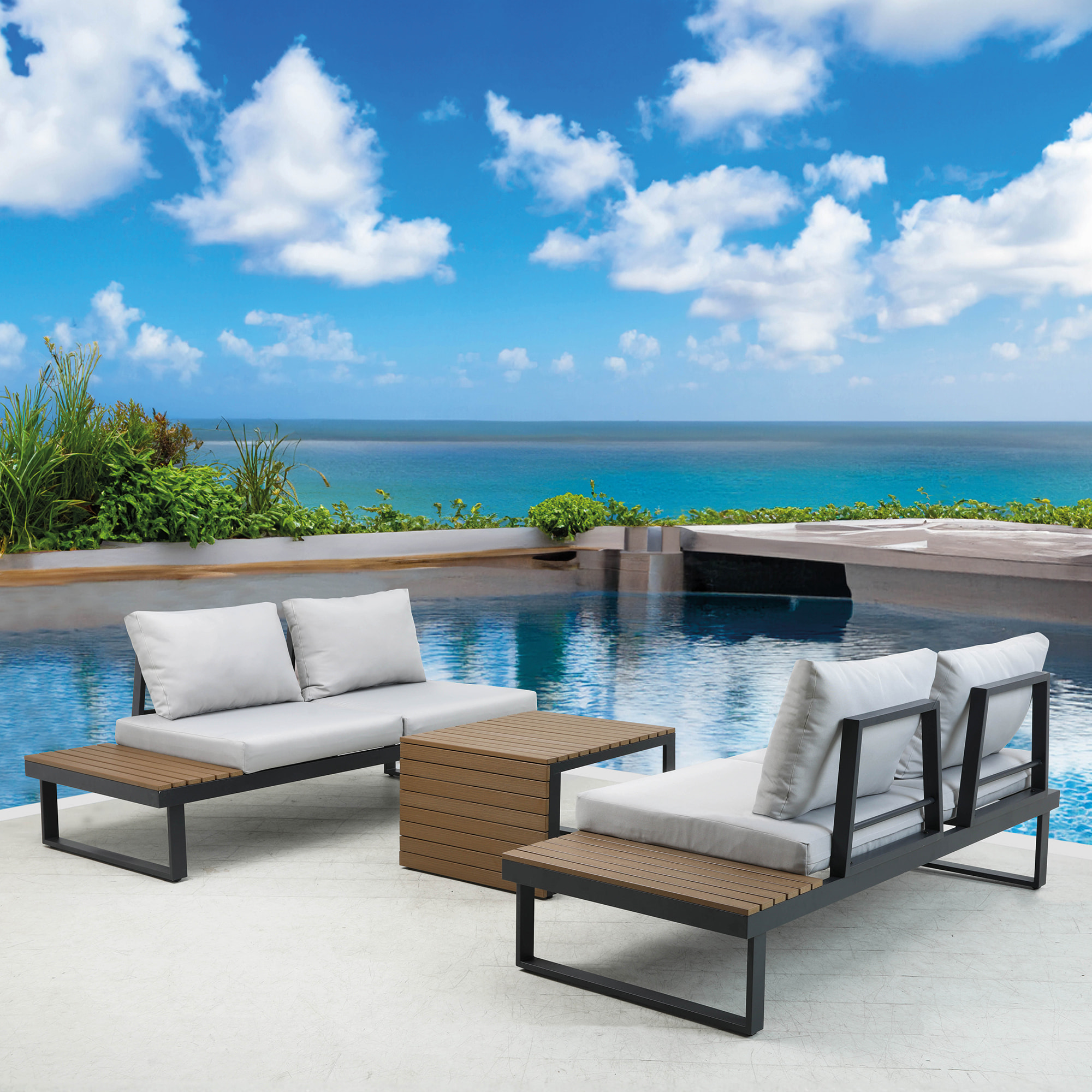 Set de jardín – Aluminio gris antracita y polywood marrón con cojines grises