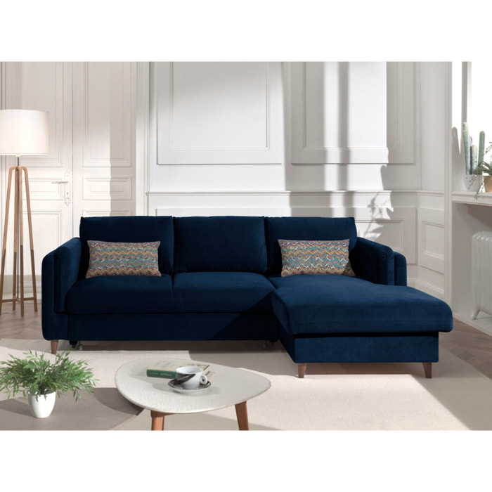 Brooke - canapé d'angle droit - convertible avec coffre - 4 places - en velours - Bleu nuit