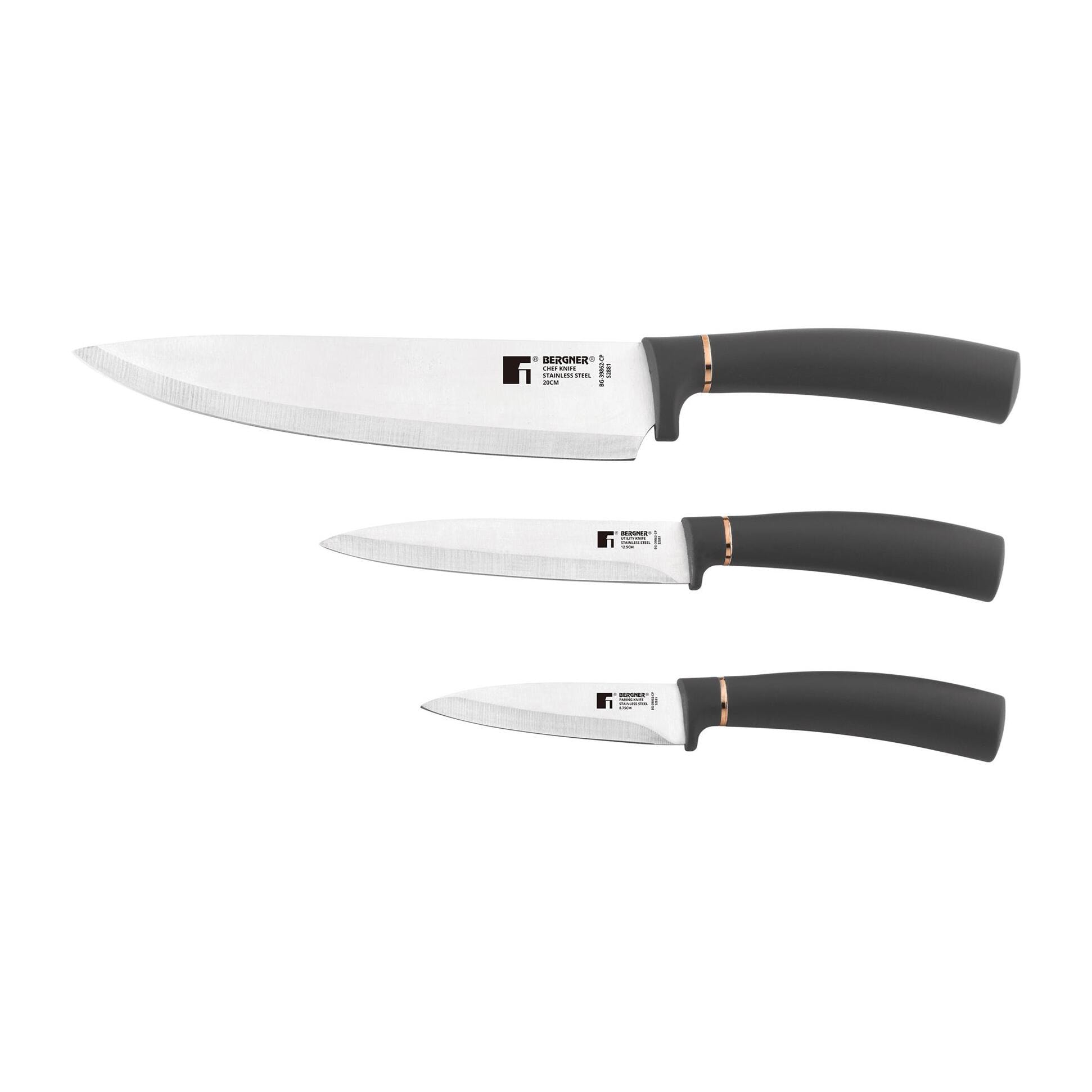 set de 3 cuchillos: chef 20cm + multiusos 12,5cm + pelador 8,75cm - en acero inoxidable de color negro y cobre