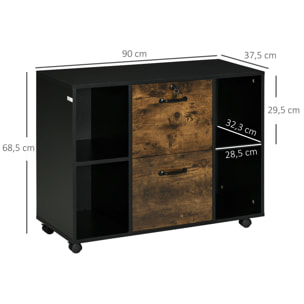 Vinsetto Mueble Impresora con Ruedas y 2 Cajones Armario para Impresora con Cerradura y Estantes Abiertos para Documentos Tamaño Carta y A4 90x37,5x68,5 cm Marrón Rústico y Negro