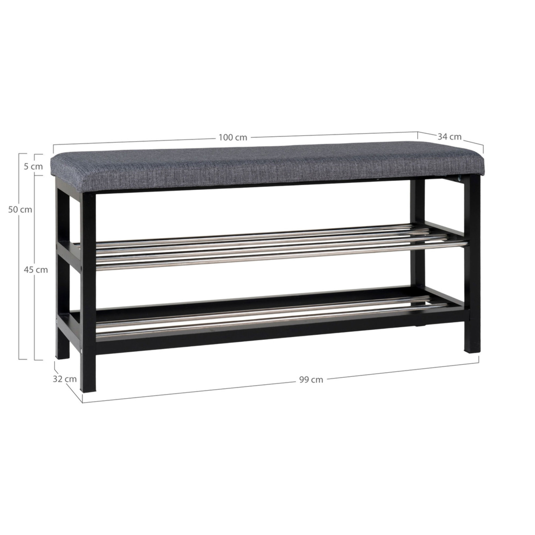Panchina Padova grigia con cuscino e 2 ripiani, gambe nere, 100 cm