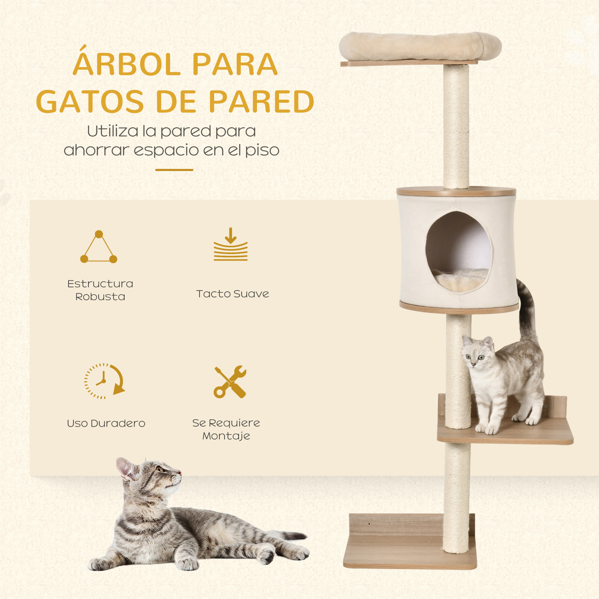 Árbol para Gatos de Pared 149 cm con Plataformas Cojín Extraíble Poste Rascador