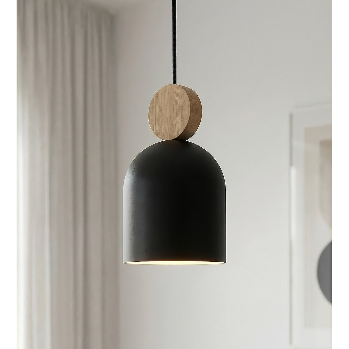 Lampada a sospensione Mesi in acciaio nero e legno naturale