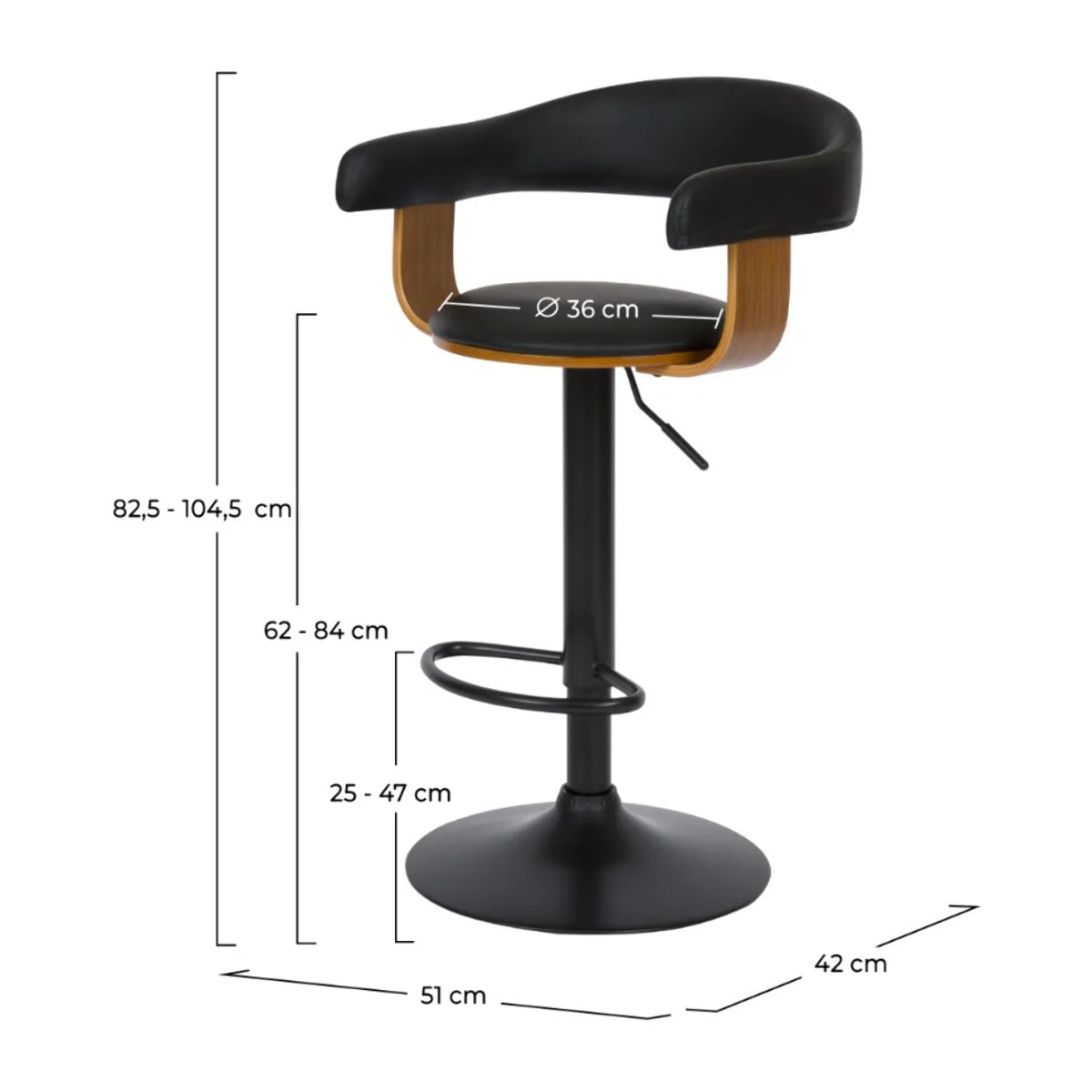 Chaise de bar réglable 62/84 cm en cuir synthétique noir - Harold