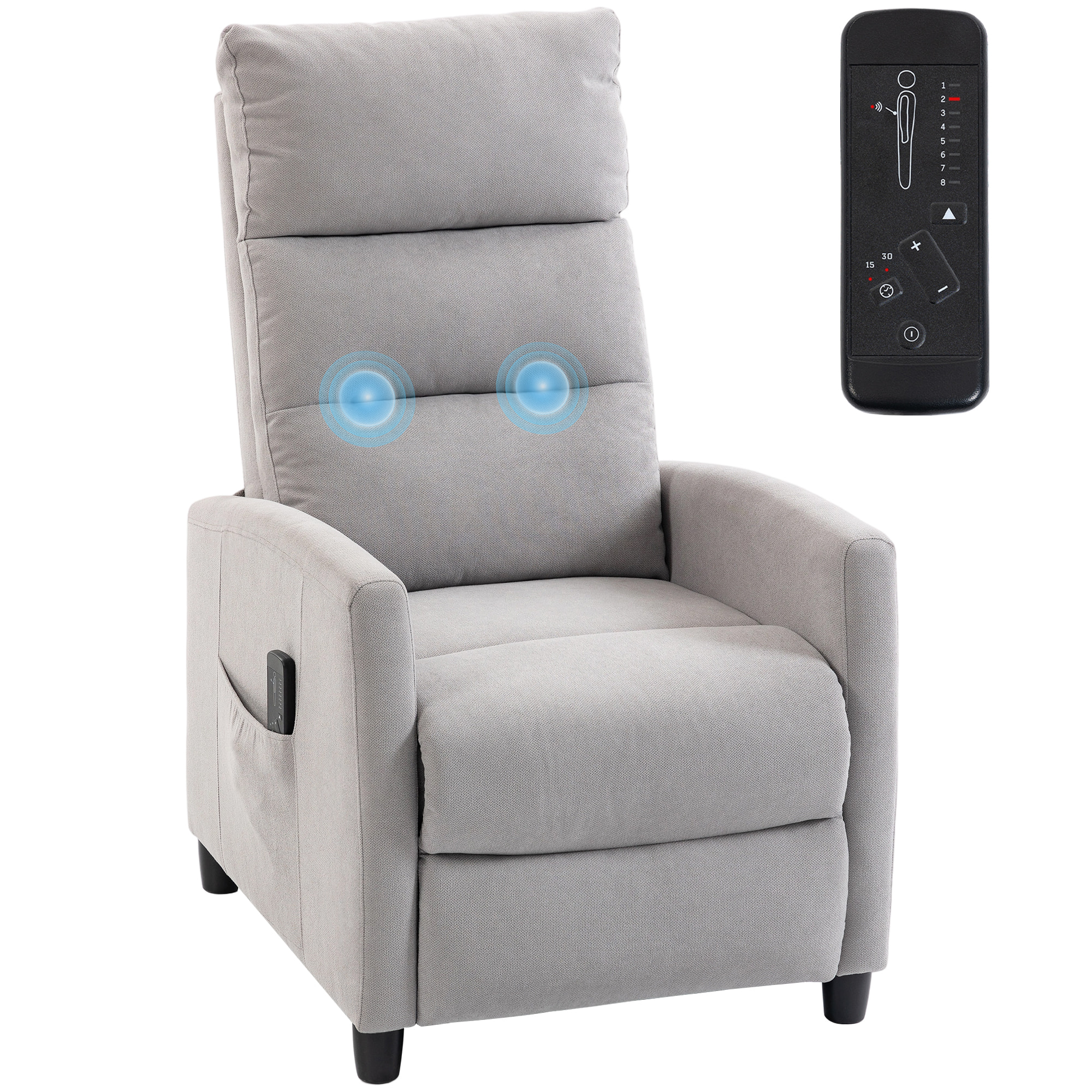 Sillón de Masaje, Sillón Relax Reclinable 160° con Mando a Distancia, Reposapiés, 2 Zonas de Masaje, Respaldo Alto, Asiento de Muelles, Bolsillos, Tapizado en Chenilla, 66x91x108 cm Gris Claro