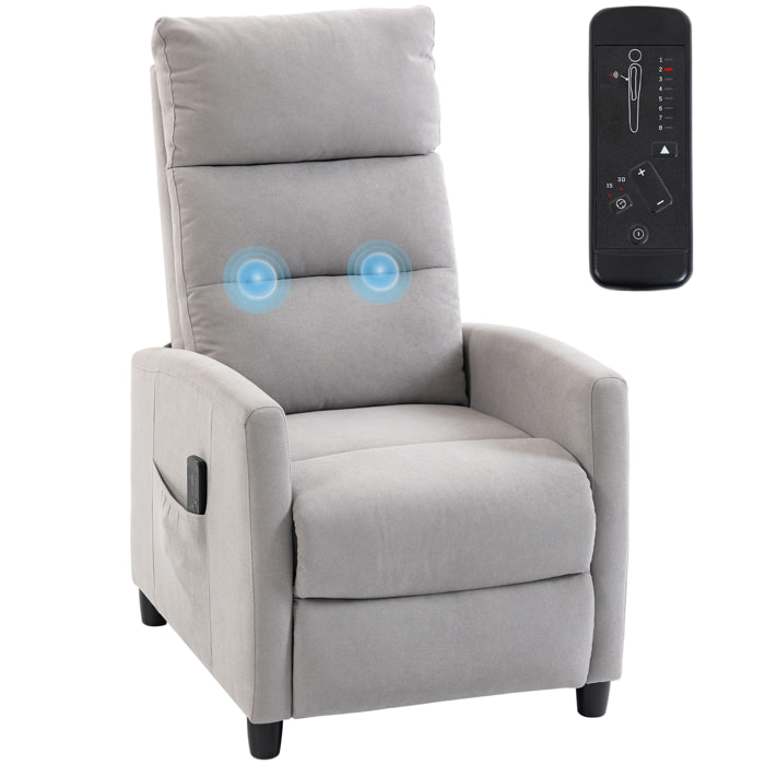 Sillón de Masaje, Sillón Relax Reclinable 160° con Mando a Distancia, Reposapiés, 2 Zonas de Masaje, Respaldo Alto, Asiento de Muelles, Bolsillos, Tapizado en Chenilla, 66x91x108 cm Gris Claro