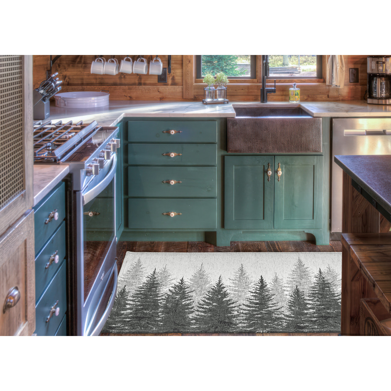 Tappeto Jacquard Ideale Cucina Ingresso Made In Italy Antiscivolo, Lavabile, Morbido Disegno Abeti Grigio By Suardi