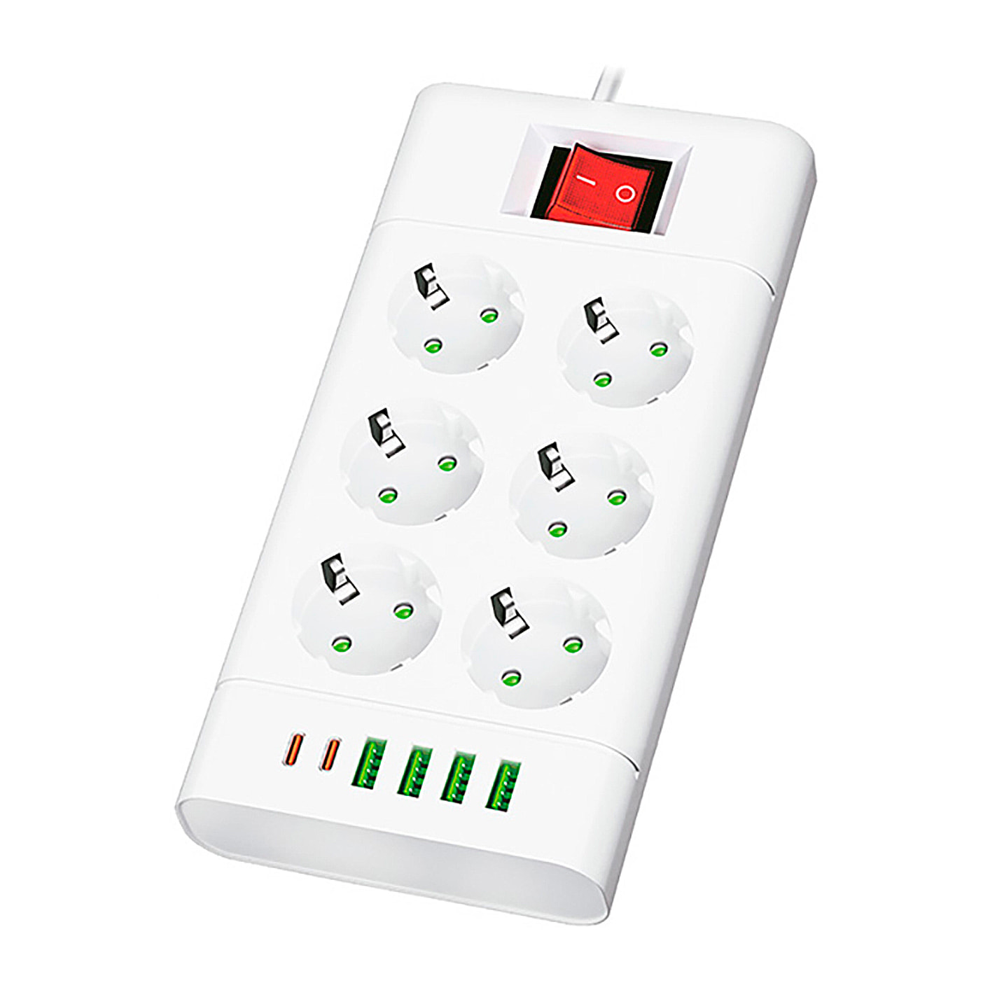 Regleta multifunzione con interruttore e 2500W. Con 6 prese EU, 4 porte USB e 2 porte USB C.