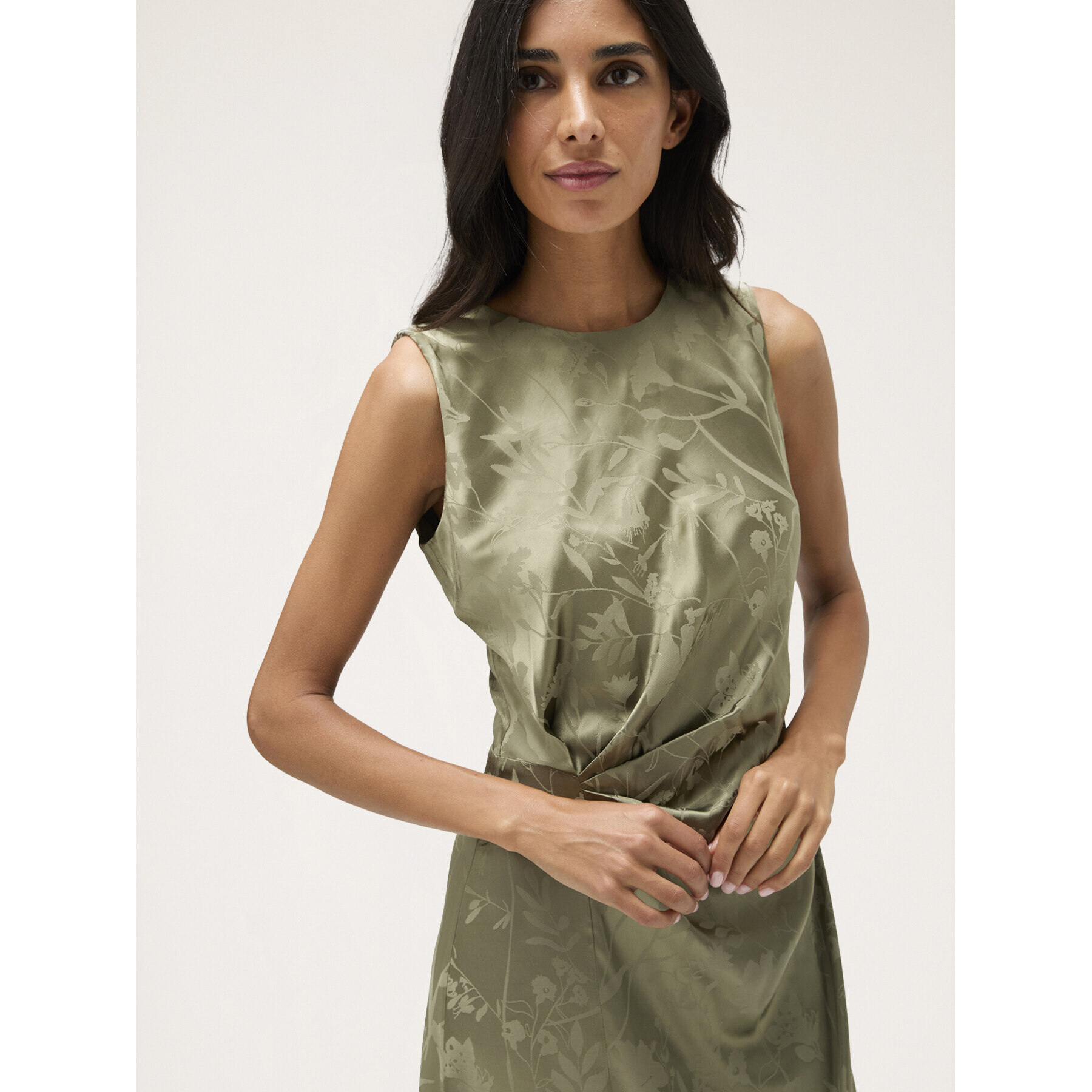 Motivi - Vestido con drapeado de raso jacquard - Verde claro