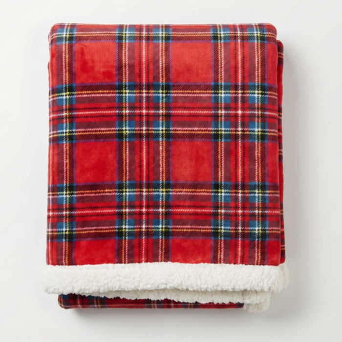 Coperta in Pile con Interno Sherpa Effetto Agnellino, Plaid Morbido e Caldo con Fantasia Tartan Scozzese, Ideale per Divano e Letto