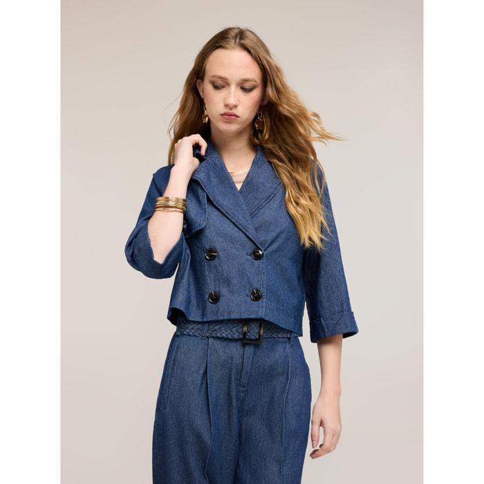 Motivi - Trench doppiopetto corto in chambray - Blu