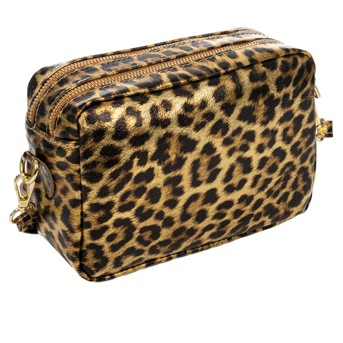 Degna bolso bandolera mujer. Piel auténtica Gamuza con estampado de animal print leopardo y lacada brillante.